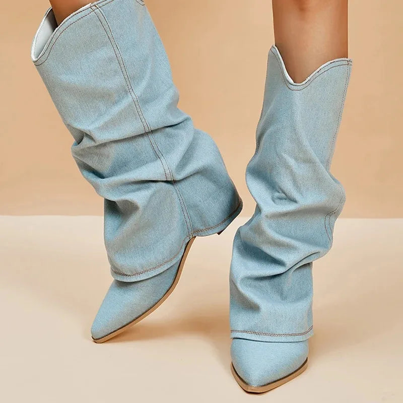 Women’s Knee-High Denim Boots with Pointed Toe and Slouch Shaft