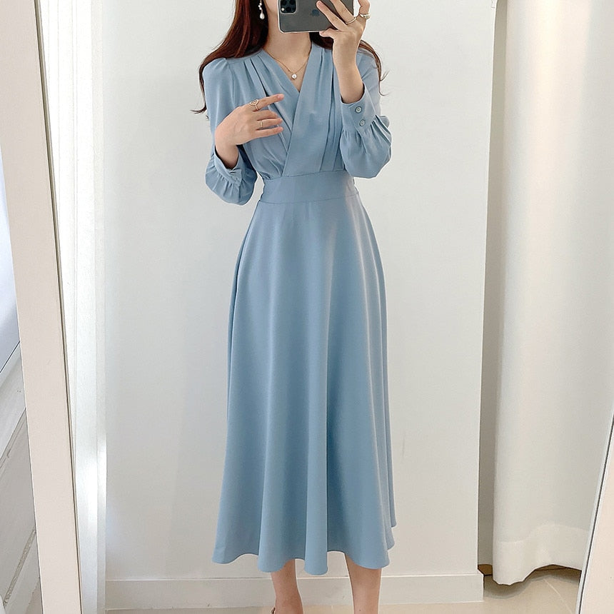 Women's V Neck Puff Sleeve A Line Midi Dress - Long Sleeve