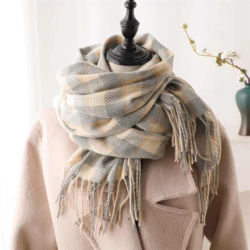 Woven Plaid Scarf with Tassel Fringe Edges and Adjustable Wrap, 78in x 27in