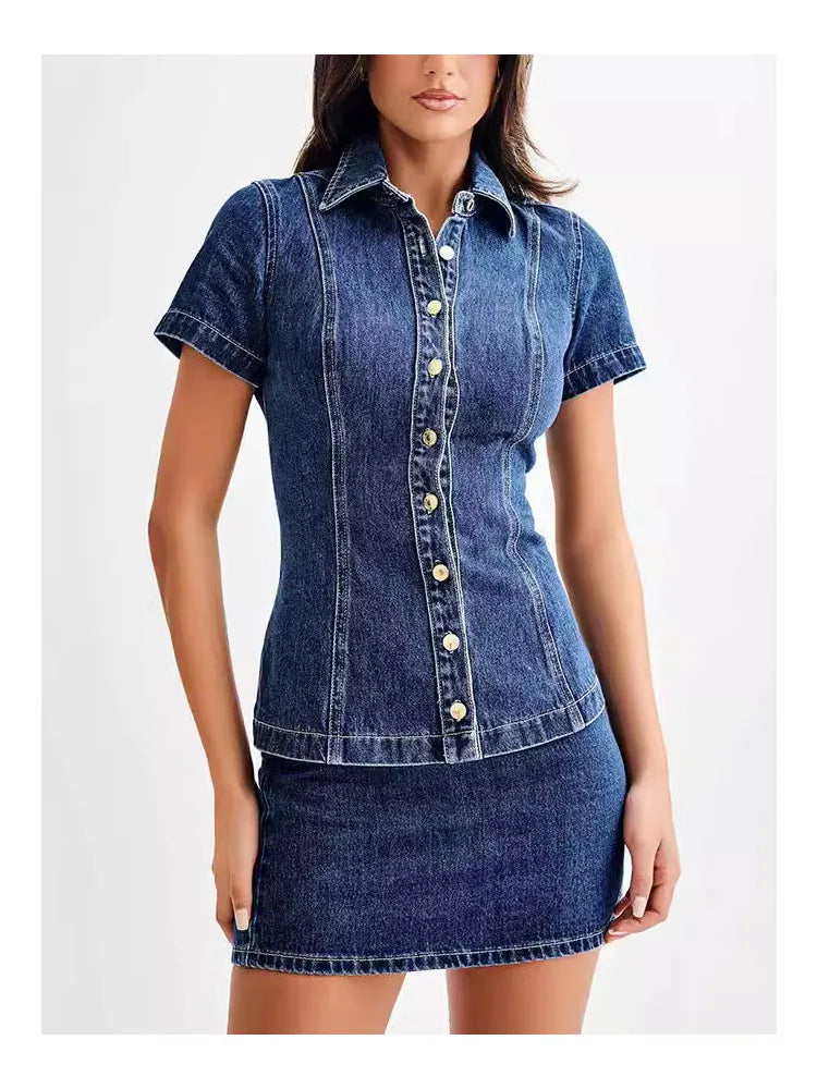 Women’s Denim Two Piece Set with Short Sleeve Button Front Collared Top and Mini Skirt