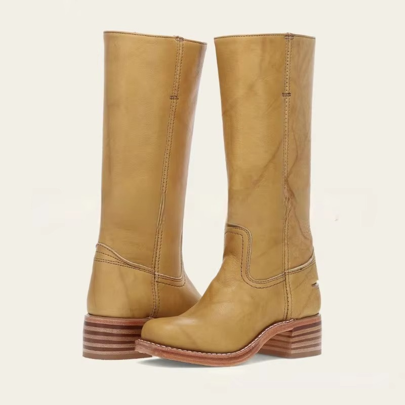 Wide Calf Knee High Boots with Round Toe and Pull On Design, 2.4 Inch Square Heel