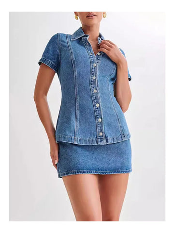 Women’s Denim Two Piece Set with Short Sleeve Button Front Collared Top and Mini Skirt