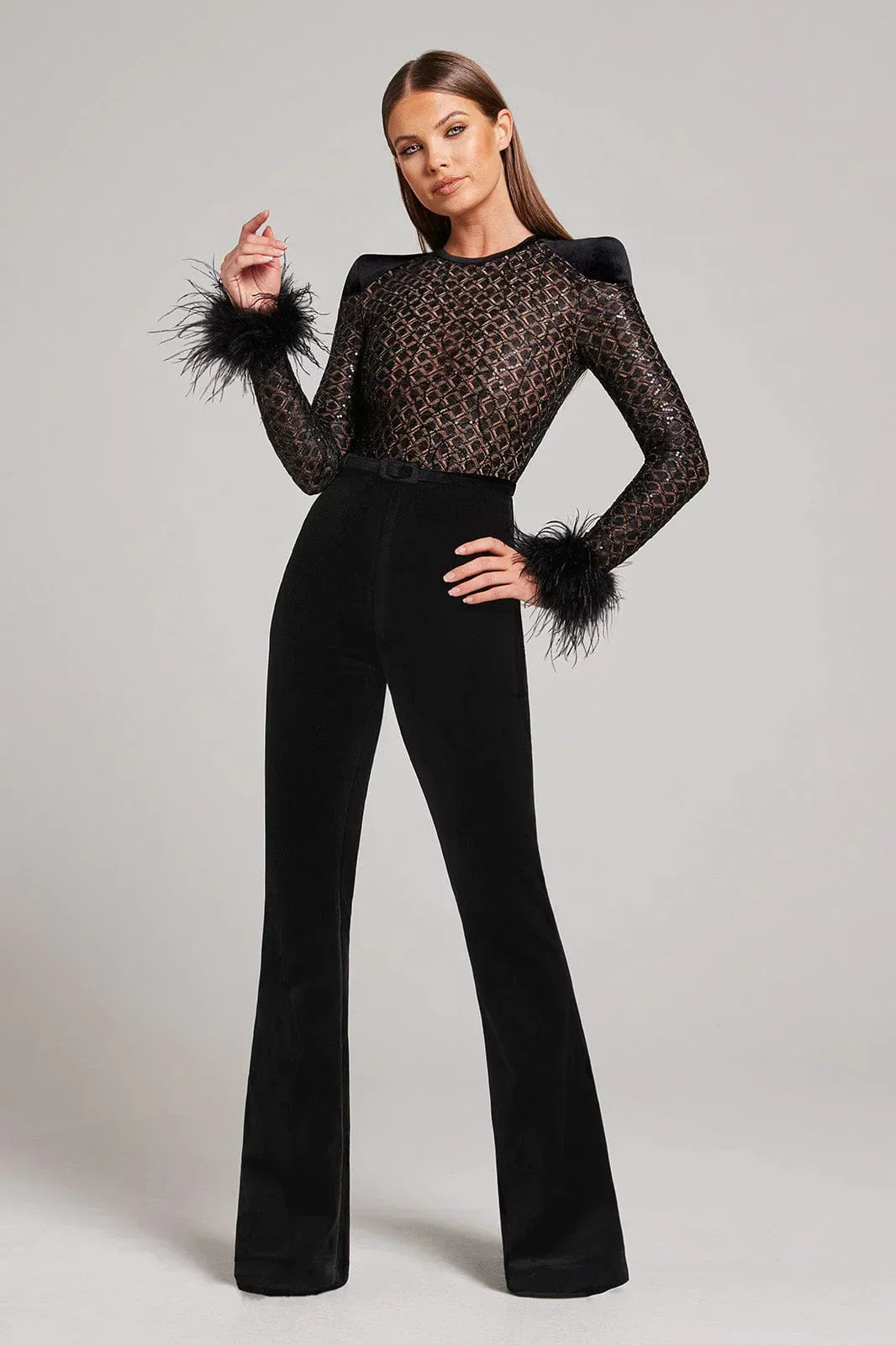 Women's Sequin Sheer Long Sleeve Feather Cuff Flared Jumpsuit