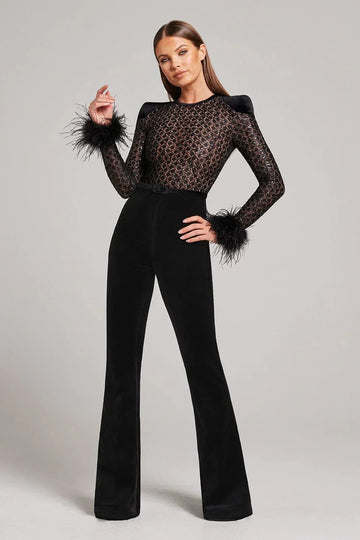 Women's Sequin Sheer Long Sleeve Feather Cuff Flared Jumpsuit