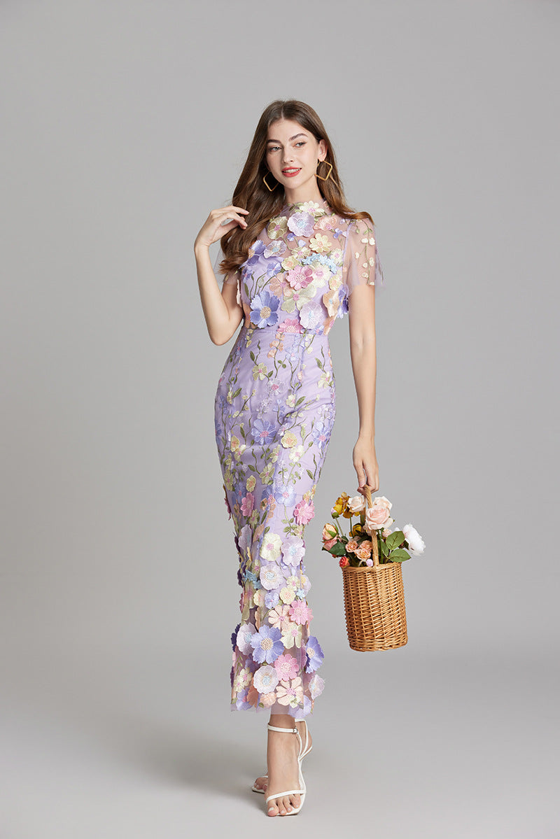 Women’s Floral Embroidered Maxi Dress with Sheer Overlay