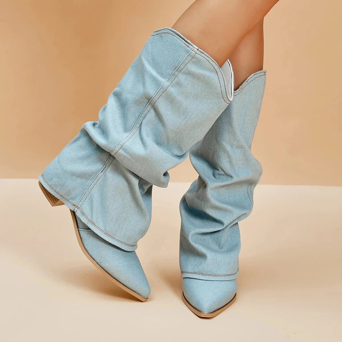 Women’s Knee-High Denim Boots with Pointed Toe and Slouch Shaft