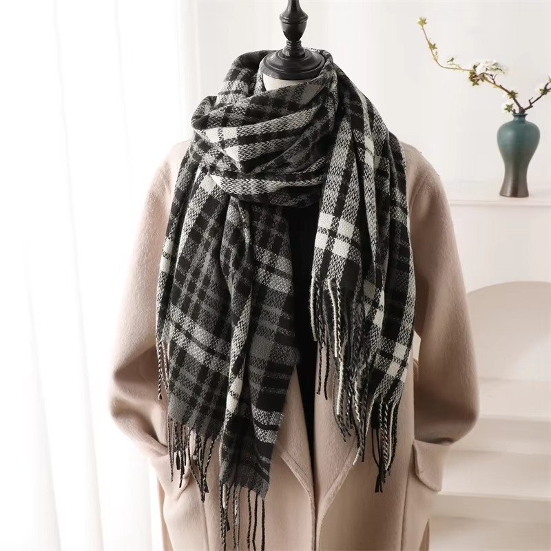 Woven Plaid Scarf with Tassel Fringe Edges and Adjustable Wrap, 78in x 27in