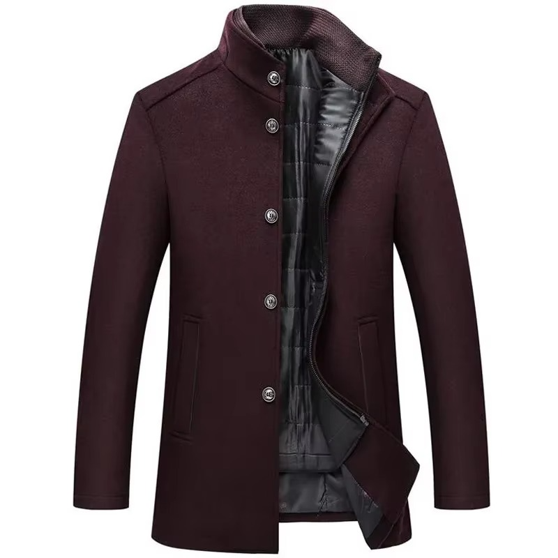 Men's Wool Blend Coat with Removable Inner Vest and Stand Collar