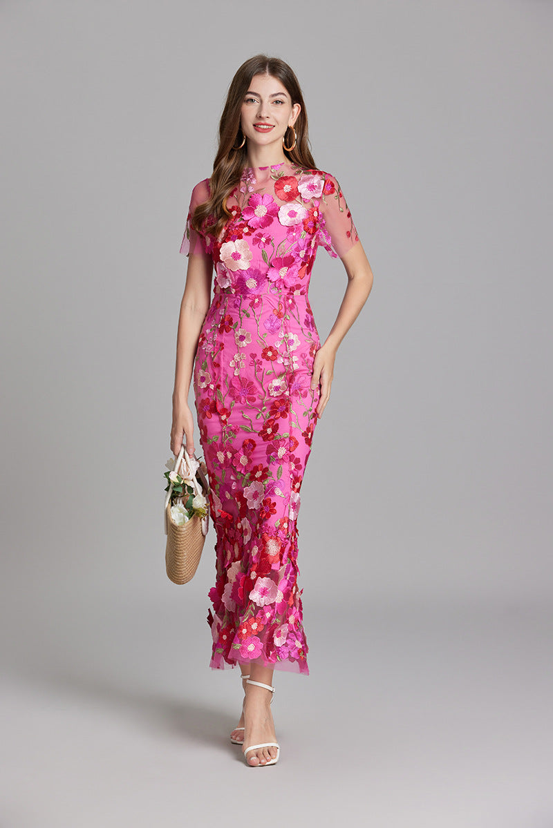 Women’s Floral Embroidered Maxi Dress with Sheer Overlay
