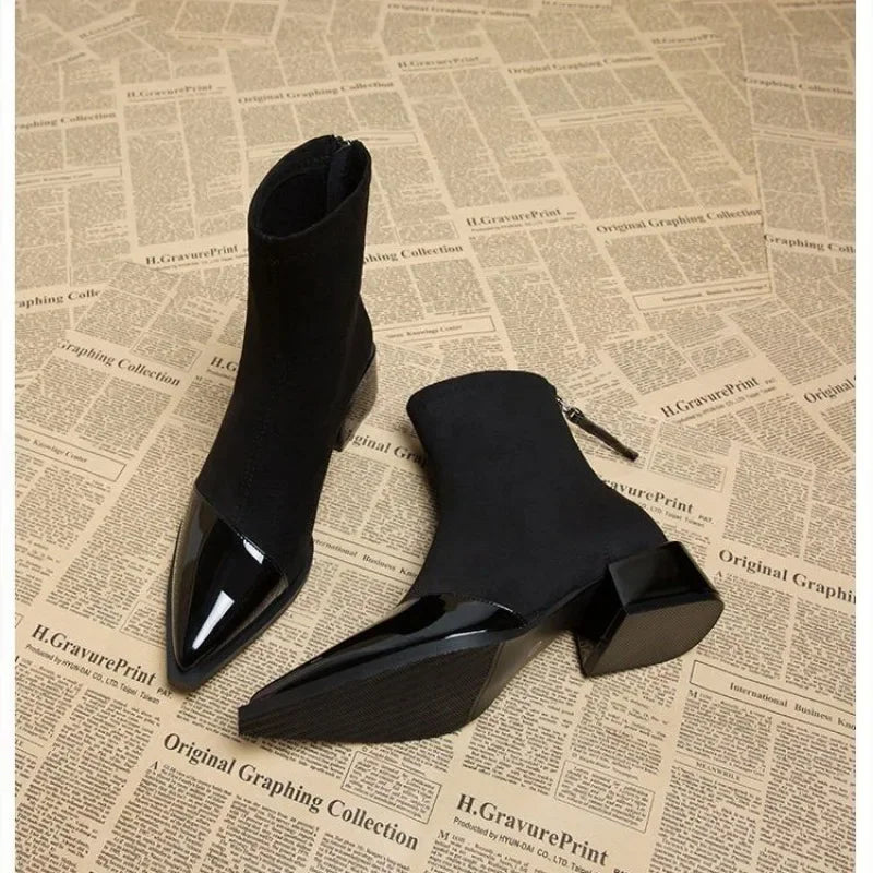 Women’s Suede Ankle Boots with Block Heel, Pointed Toe, Zip Closure, Smart Casual Dress Boots