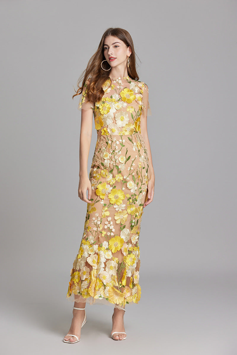 Women’s Floral Embroidered Maxi Dress with Sheer Overlay
