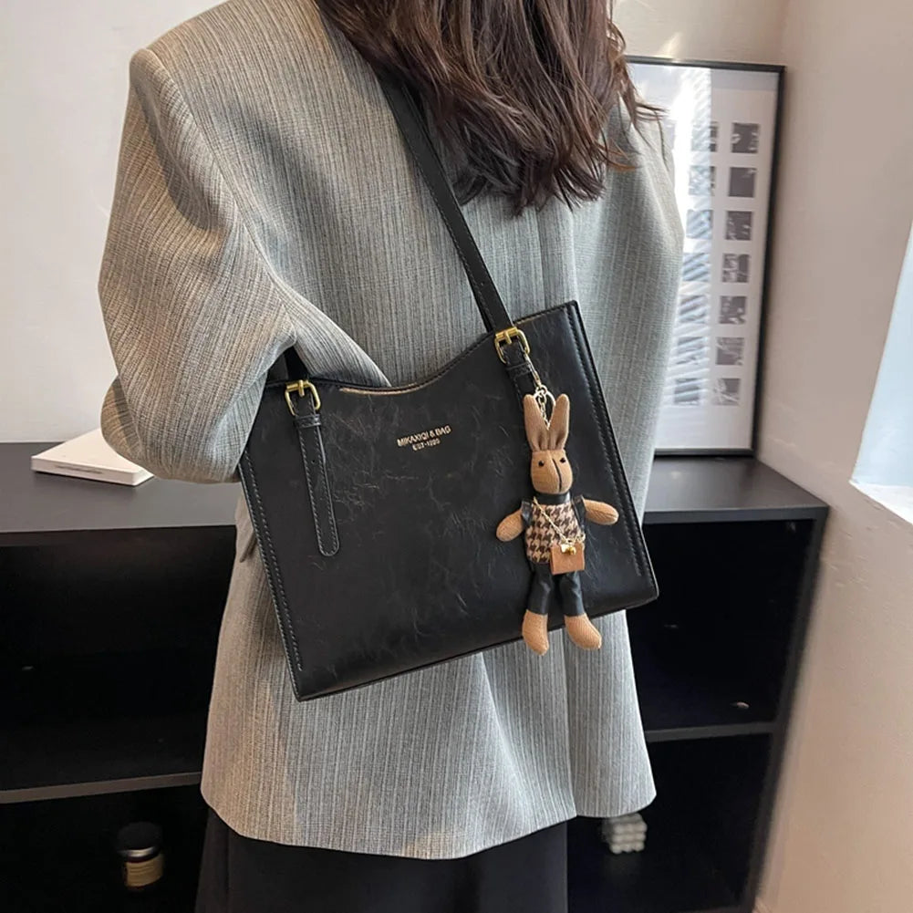 Women's Structured Shoulder Tote Bag - Buckle Strap Detail with Bunny Charm and Gold-Tone Hardware