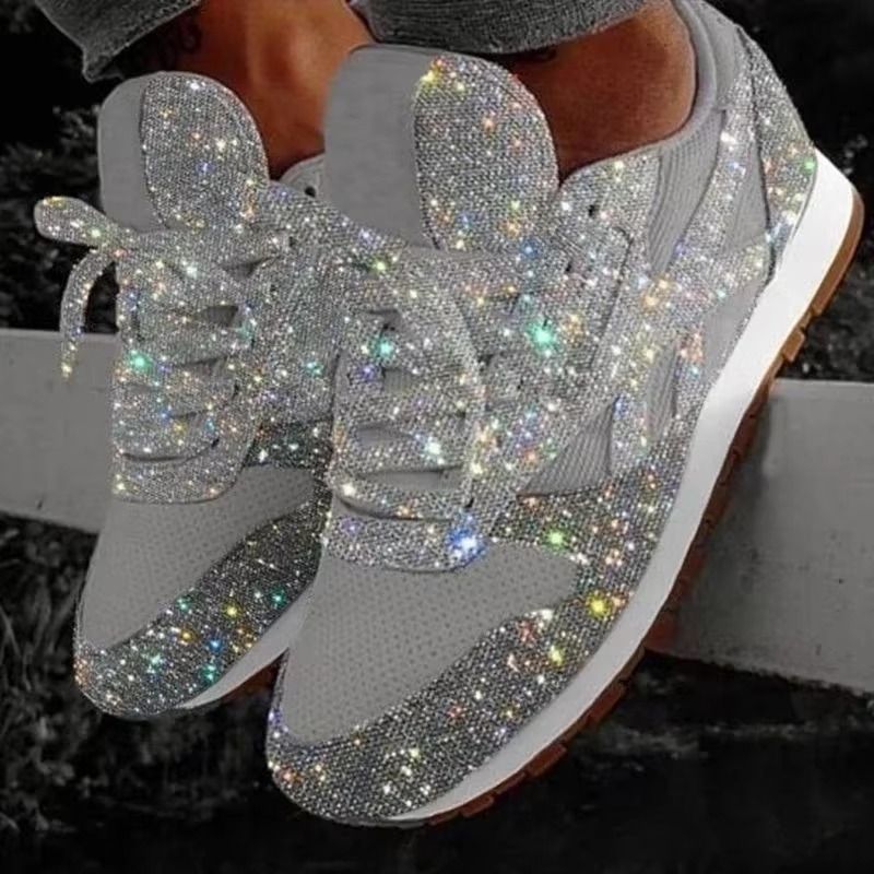 Glitter Mesh Sneakers for Women with Lace-Up Closure and Breathable Upper