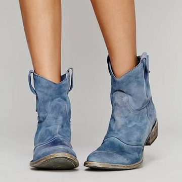 Women's Slip-On Western Ankle Boots with Pointed Toe and Low Block Heel