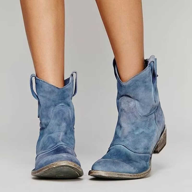 Women's Slip-On Western Ankle Boots with Pointed Toe and Low Block Heel