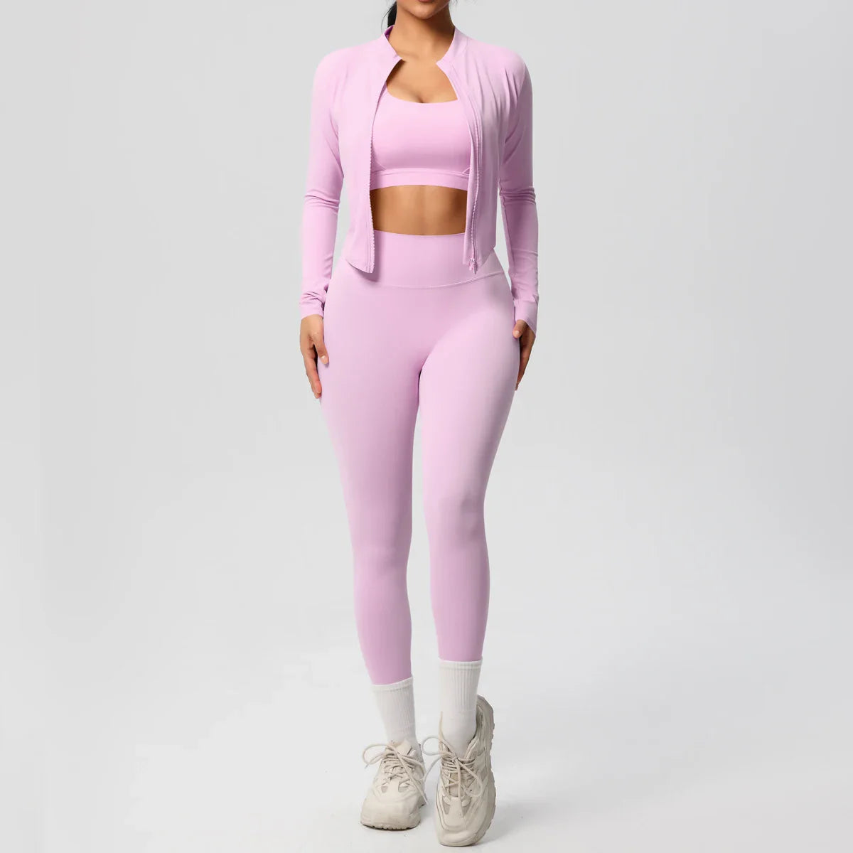 Women's Three Piece Gym Set - Cropped Jacket - Sports Bra - High Waist Leggings