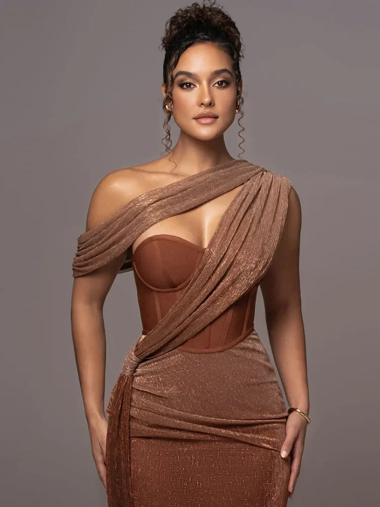 Women’s Off Shoulder Maxi Evening Dress with Draped Overlay and Sculpted Fit Elegant Event Style