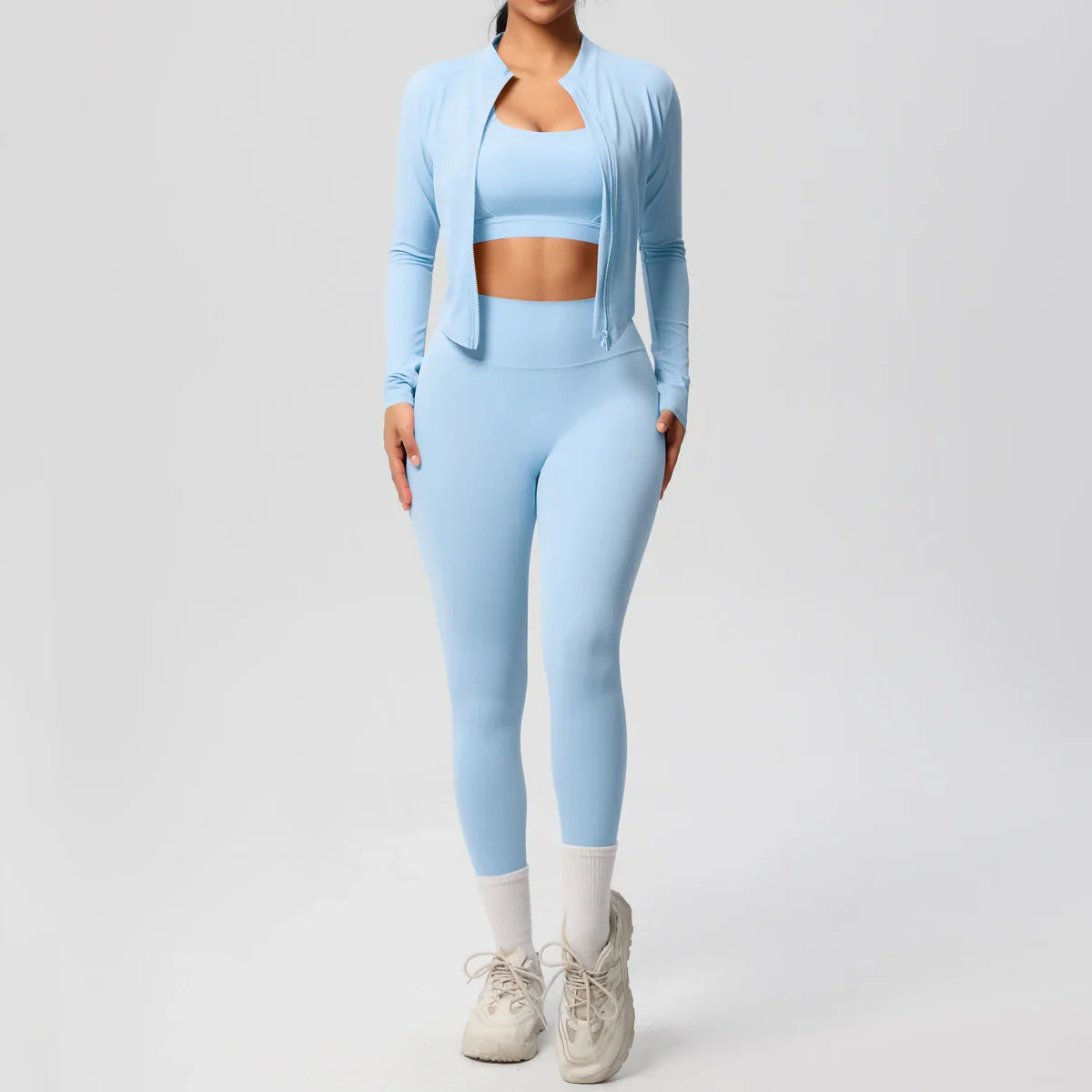 Women's Three Piece Gym Set - Cropped Jacket - Sports Bra - High Waist Leggings