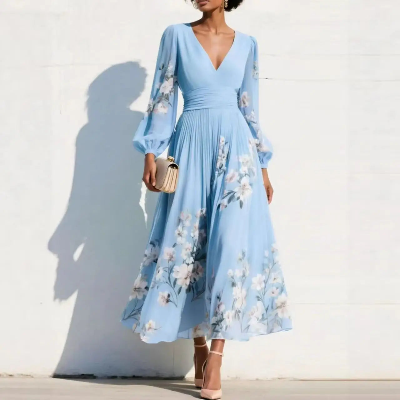 Women's Floral Border Print Maxi Dress - V-Neck Bishop Long Sleeves