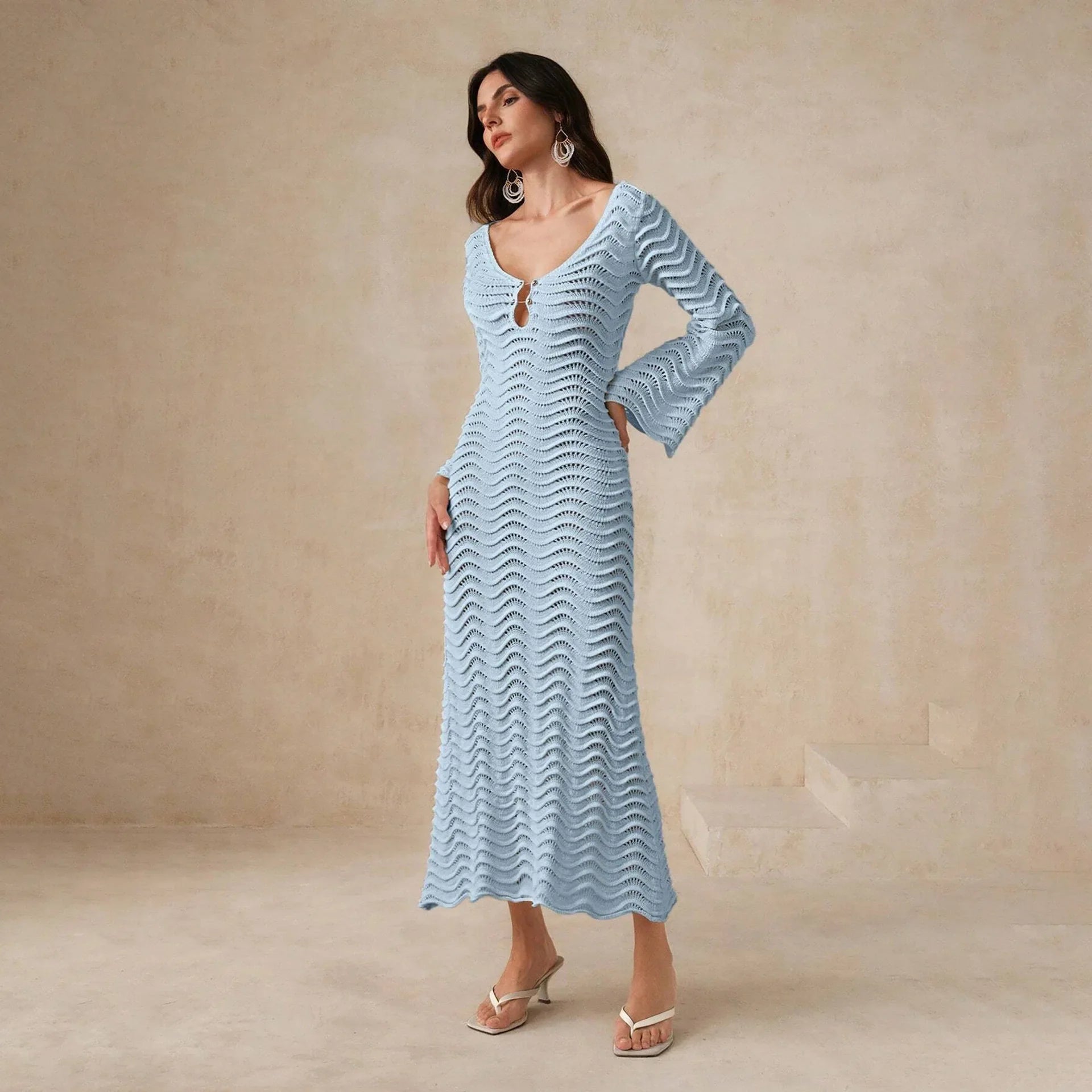 Women’s Open Knit Maxi Dress with Long Flared Sleeves Button Front Keyhole Detail and Tie Back Design