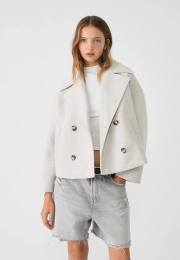 Double Breasted Cropped Jacket with Structured Shoulders and Button Front