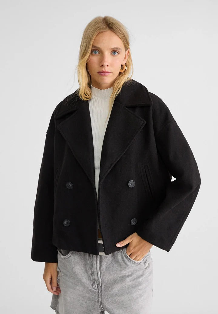 Double Breasted Cropped Jacket with Structured Shoulders and Button Front
