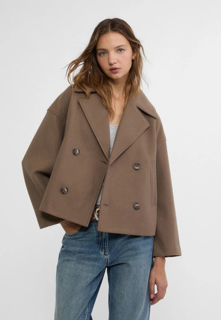 Double Breasted Cropped Jacket with Structured Shoulders and Button Front