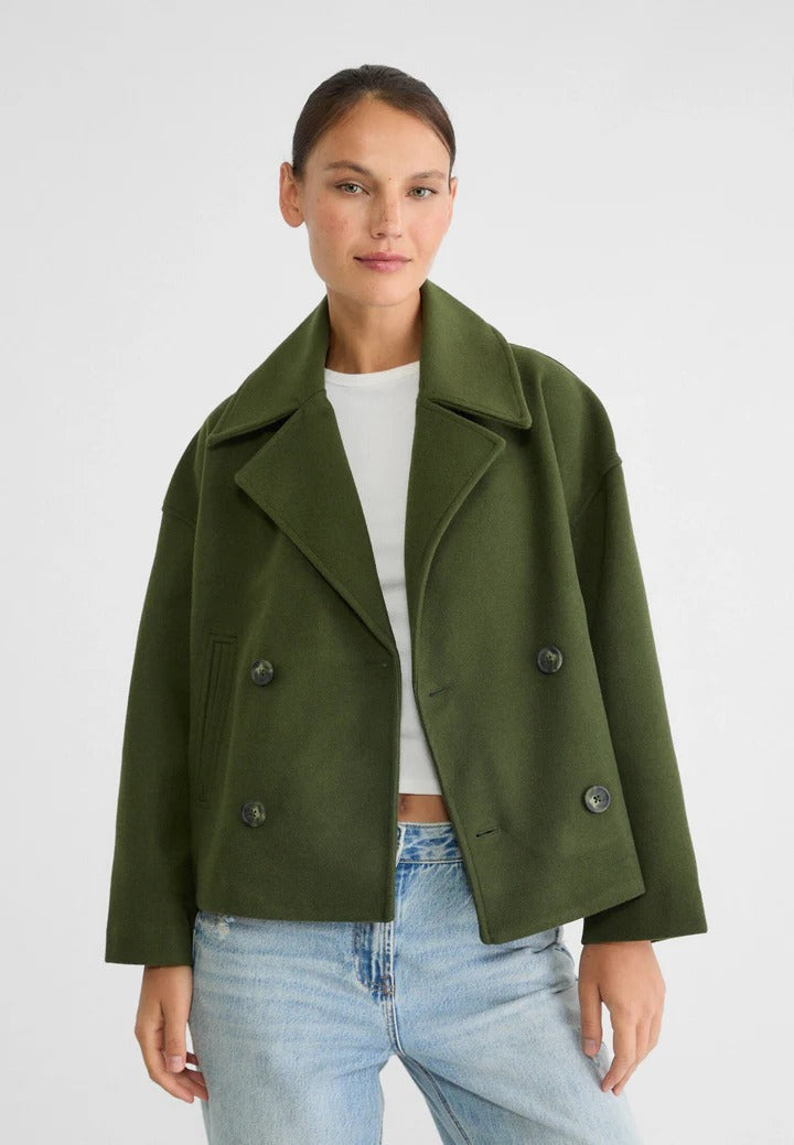 Double Breasted Cropped Jacket with Structured Shoulders and Button Front