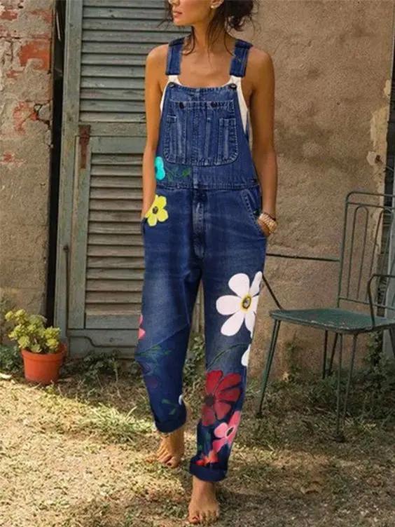 Women's Floral Print Denim Jumpsuit - Sleeveless Overall with Adjustable Straps - Pockets