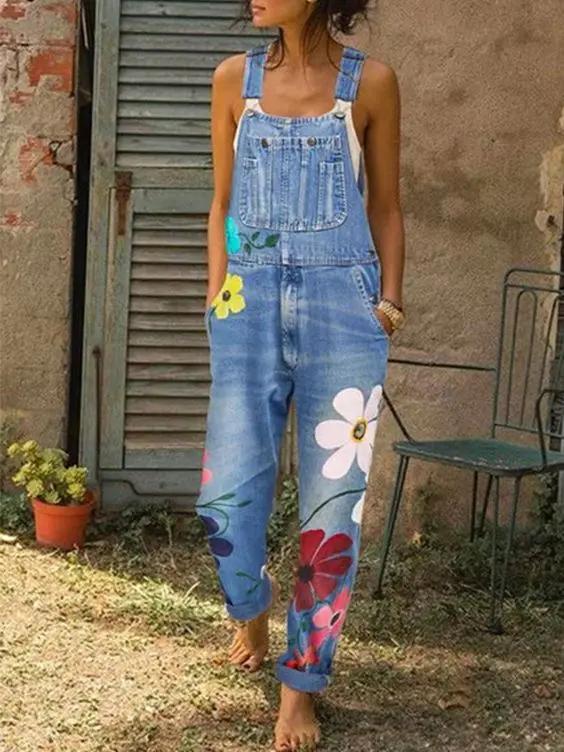Women's Floral Print Denim Jumpsuit - Sleeveless Overall with Adjustable Straps - Pockets