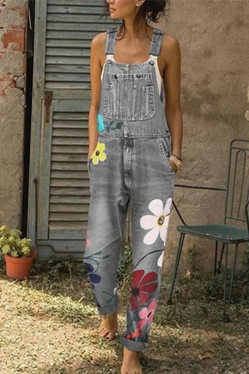 Women's Floral Print Denim Jumpsuit - Sleeveless Overall with Adjustable Straps - Pockets