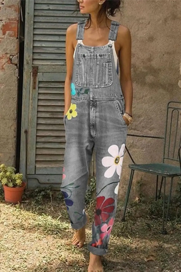 Women's Floral Print Denim Jumpsuit - Sleeveless Overall with Adjustable Straps - Pockets