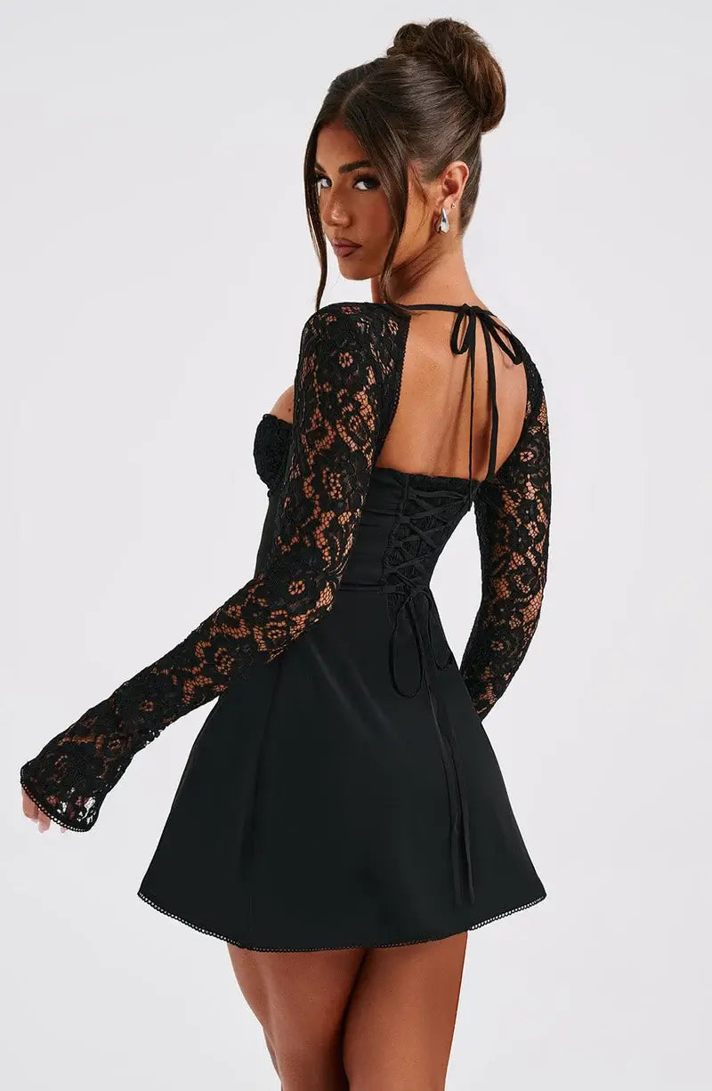 Women's Lace Mini Dress - Sweetheart Tie Front with Sheer Lace Long Sleeves and Corset Lace-Up Back