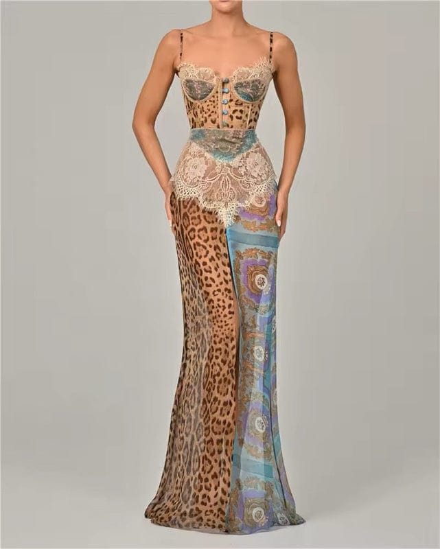 Women’s Elegant Sleeveless Animal Print Maxi Dress with Sculpted Silhouette