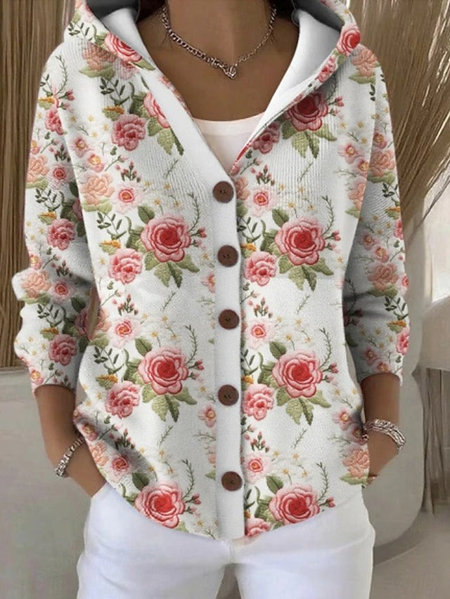 Button Front Hooded Cardigan with Breathable Knit, Relaxed Fit