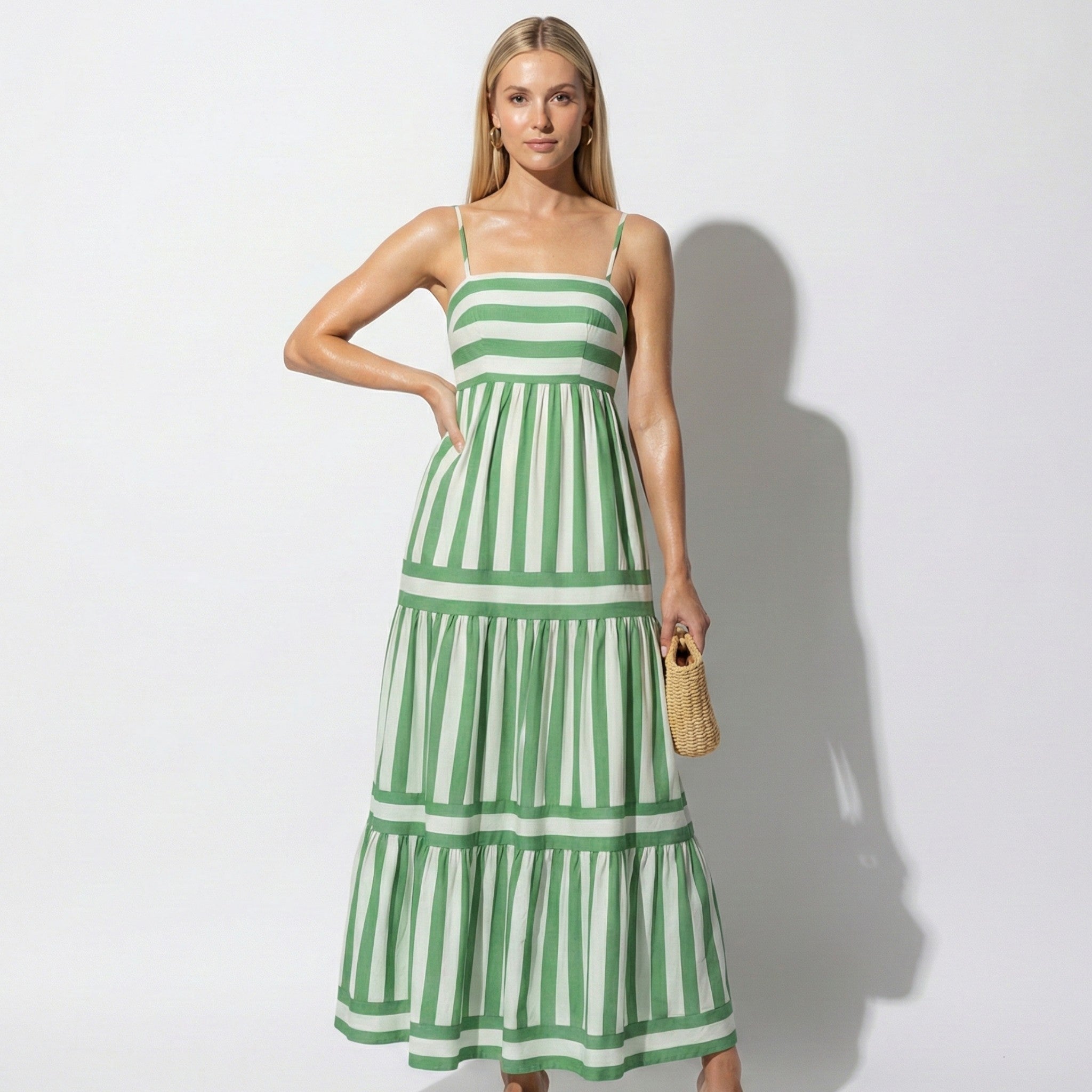 Women's Striped Tiered Maxi Dress - Square Neck - Spaghetti Strap
