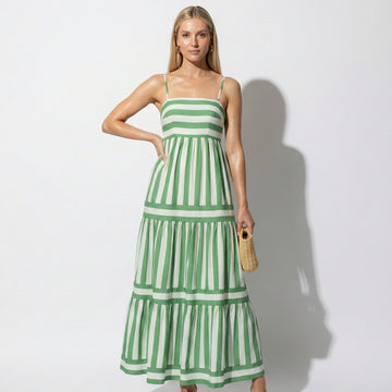Women's Striped Tiered Maxi Dress - Square Neck - Spaghetti Strap