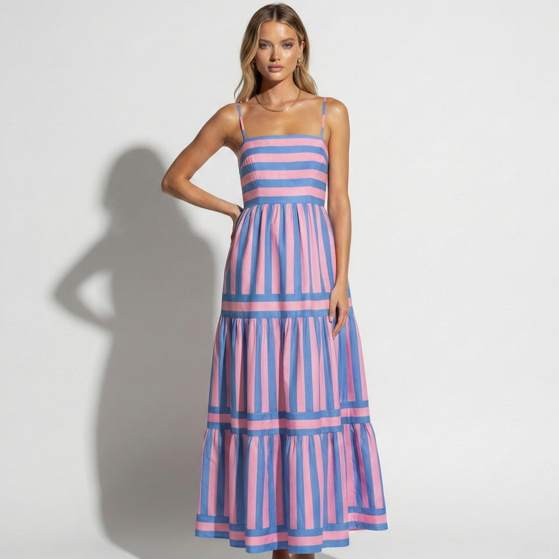 Women's Striped Tiered Maxi Dress - Square Neck - Spaghetti Strap