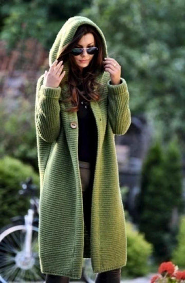 Hooded Knit Cardigan for Women with Open Front and Extended Length
