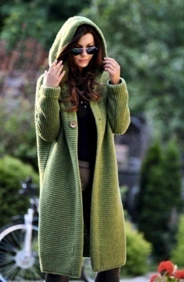 Hooded Knit Cardigan for Women with Open Front and Extended Length