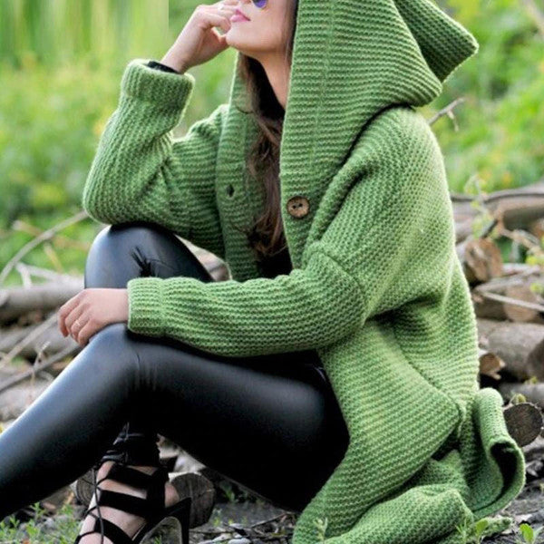 Hooded Knit Cardigan for Women with Open Front and Extended Length