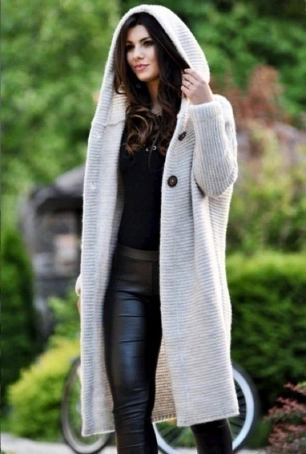 Hooded Knit Cardigan for Women with Open Front and Extended Length
