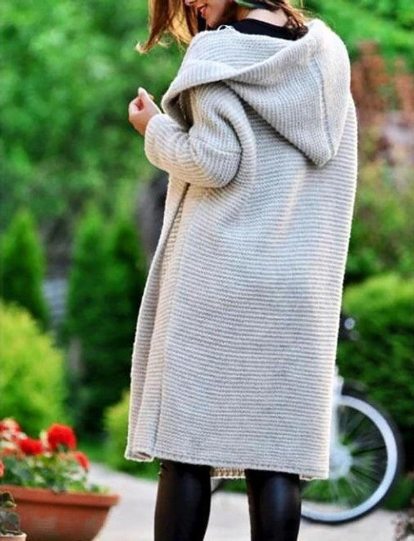 Hooded Knit Cardigan for Women with Open Front and Extended Length