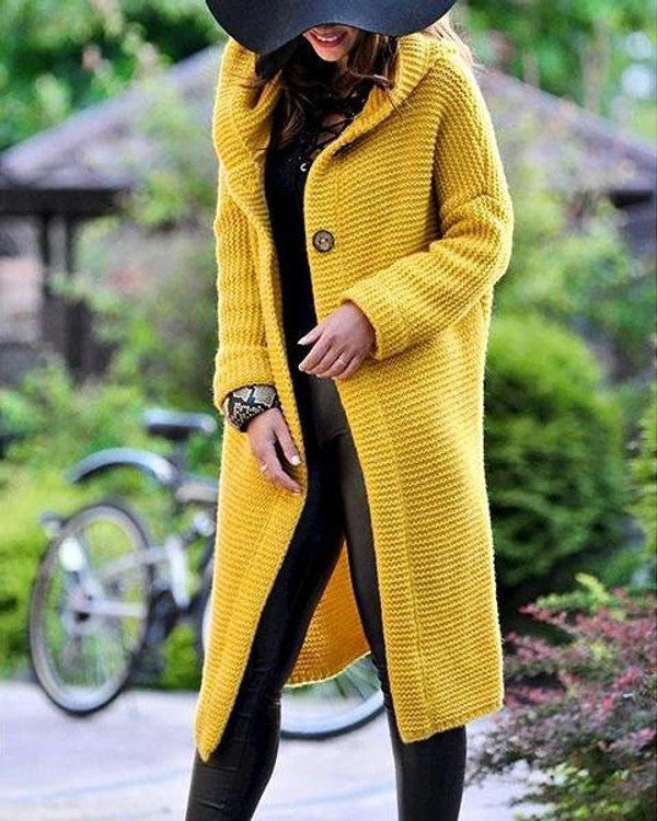 Hooded Knit Cardigan for Women with Open Front and Extended Length