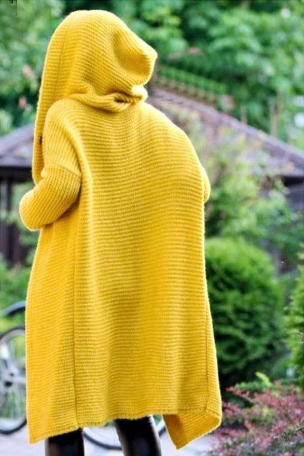 Hooded Knit Cardigan for Women with Open Front and Extended Length