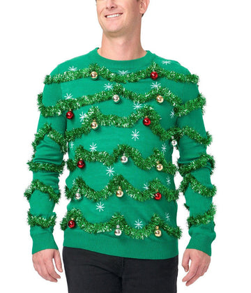 Green Christmas tree-themed sweater with decorations on a white background