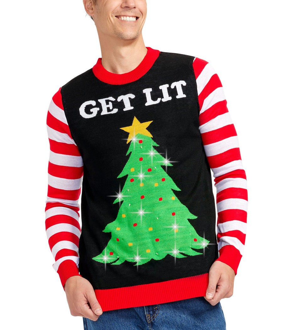 Men's Light Up Sweater with Battery Powered Tree Graphic and Candy Cane Sleeves