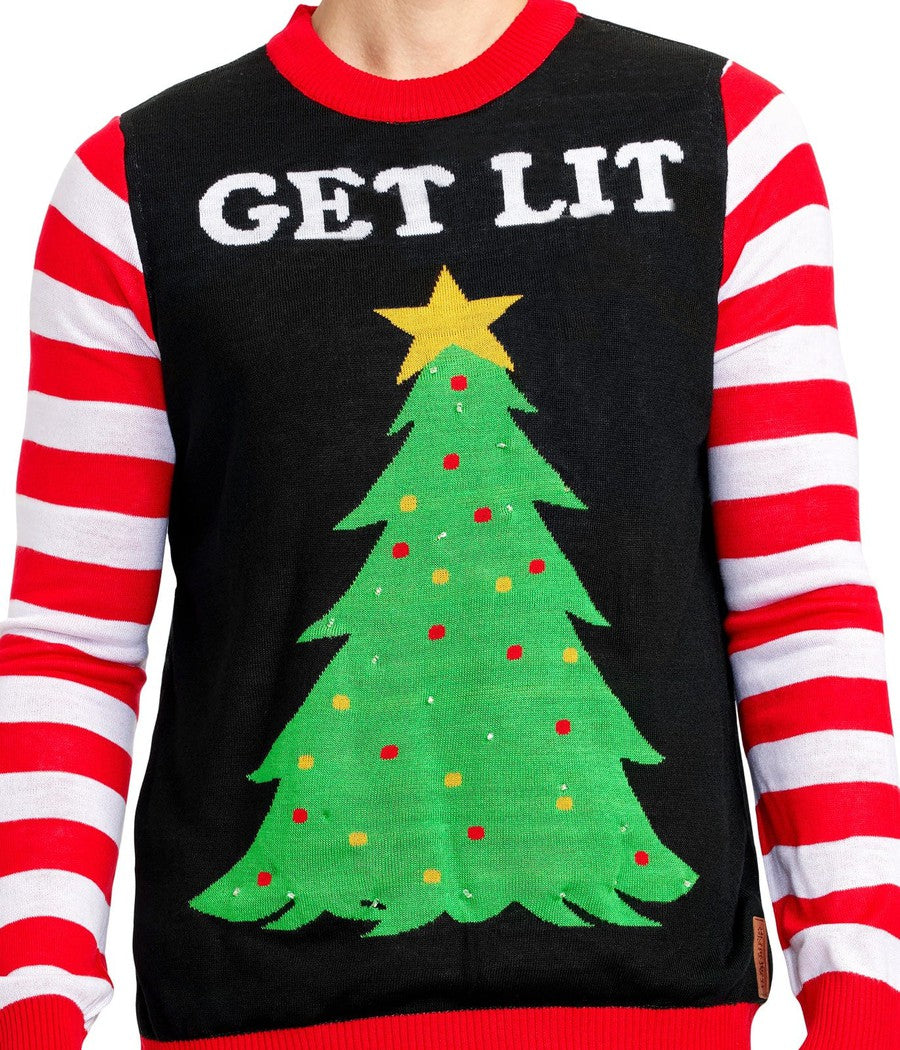 Men's Light Up Sweater with Battery Powered Tree Graphic and Candy Cane Sleeves