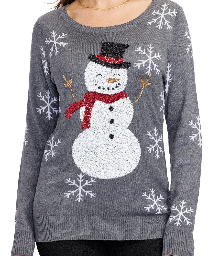 Sequined Snowman Pullover Sweater with Snowflake Sleeve Details
