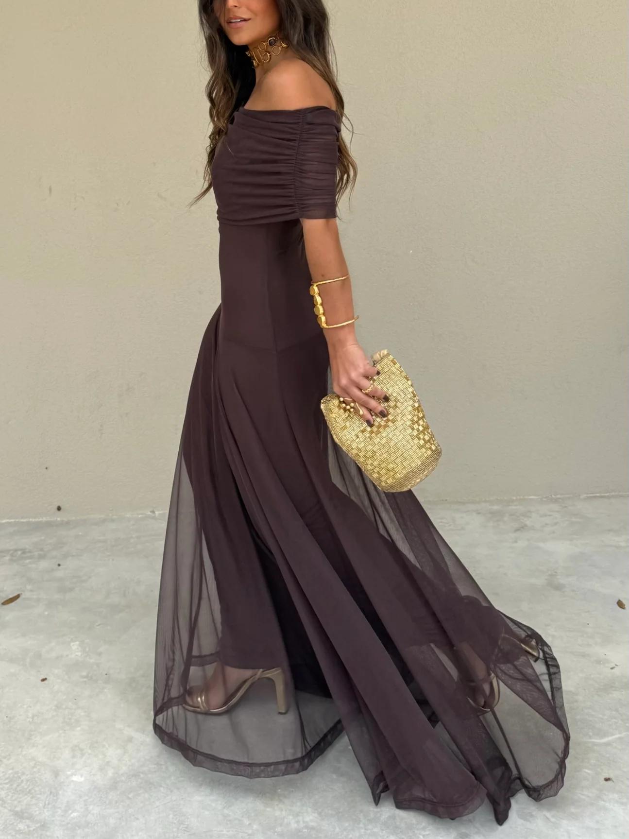 Women's Off Shoulder Ruched Mesh -  Maxi Dress Style